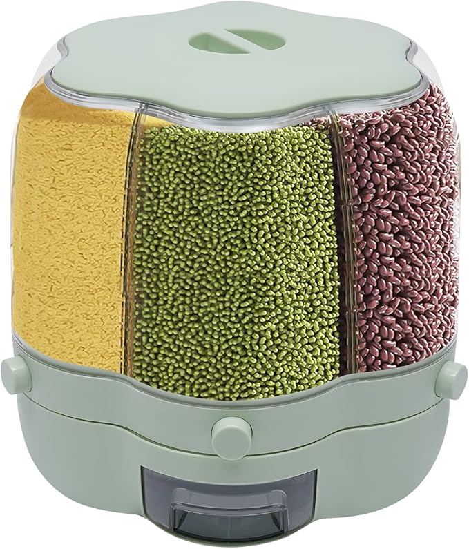 6 Grid Grain Storage Container 17.63Lbs Food Dispenser 360° Rotating Dry Grain and Rice Cereal Dispenser with Lid Rices Dispenser Rotating for Store Rice, Red Beans, Yellow Beans