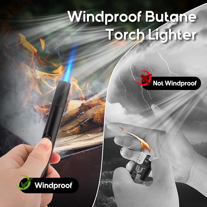 LcFun 2 Pack Torch Lighters Refillable Butane Lighter with Visible Fuel Window, Windproof Adjustable Jet Flame Long Matches Lighters for Candle, Grill, BBQ, Camping, Fireworks (Butane NOT Included)