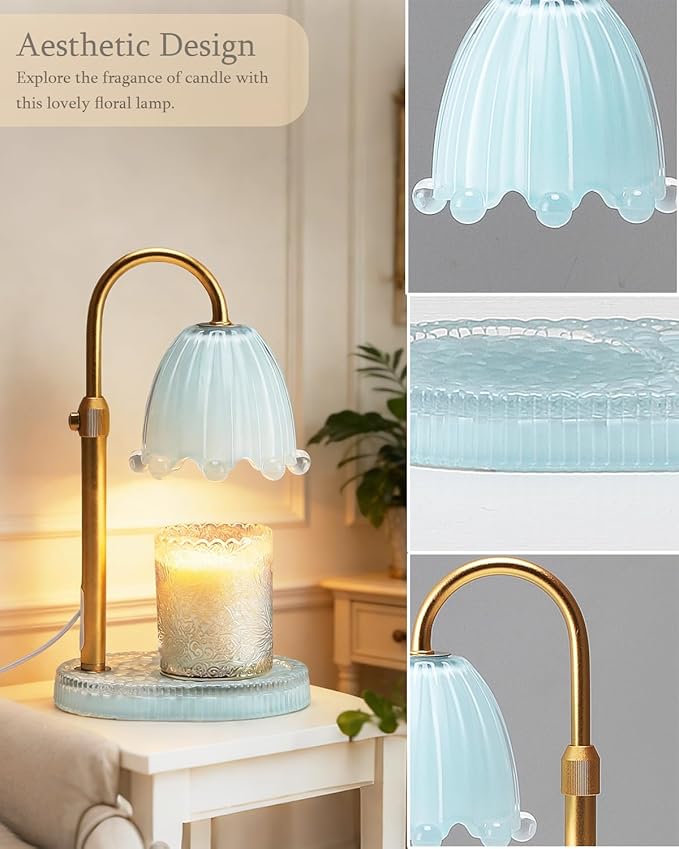 Flower Candle Warmer Lamp with Timer, Vintage Adjustable Glass Warmer Light for Jar Candles, Electric Wax Warming Melter, Gifts for Women Mom, Bedroom Decor (Pink-Flower) (Blue-Flower)