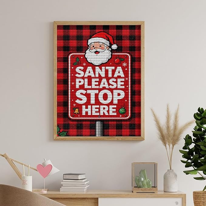 AIVKIEJK Diamond Painting Kits for Adults - Holly & Stars, Santa Please Stop Here Painting DIY 5D Full Drill Diamond Dots Paintings with Diamonds Gem Art and Crafts Home Decor 12"x16"
