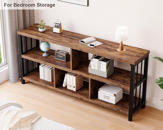 IBF Bookshelf, Farmhouse 63” Long Open Book Shelf, Wood Metal 5 Cube Bookcase for Living Room, Low Horizontal Bookshelf for Bedroom, Wide Cubby Storage Organizer for Home Office, Rustic Brown, 63 Inch