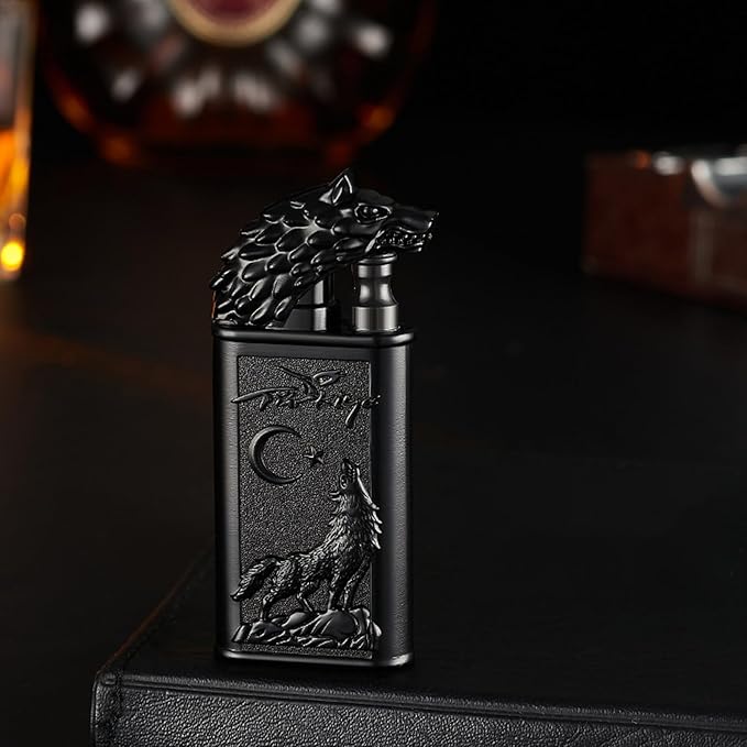 Torch Lighter, Relief Wolf Design Magic Dual Flames Lighter with Adjusting Flame Tool, Creative Windproof Lighters, Cool Jet Flame Refillable Butane Lighters for Outdoor Indoor