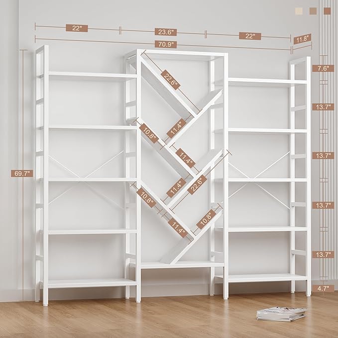 70" Triple 5 Tier Book Shelf, Large Wooden Bookcase with 17 Open Display Shelf, Modern Tree Bookshelf Metal Frame Tall Bookshelf Furniture for Living Room Bedroom Home Office White