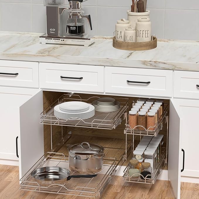 OCG 2 Tier Pull Out Cabinet Organizer (21.5" W x 18" D), Pull Out Shelves for Kitchen Cabinets, Slide Out Pantry Shelves for Base Cabinet Organization in Kitchen Bathroom Pantry, Chrome Finish