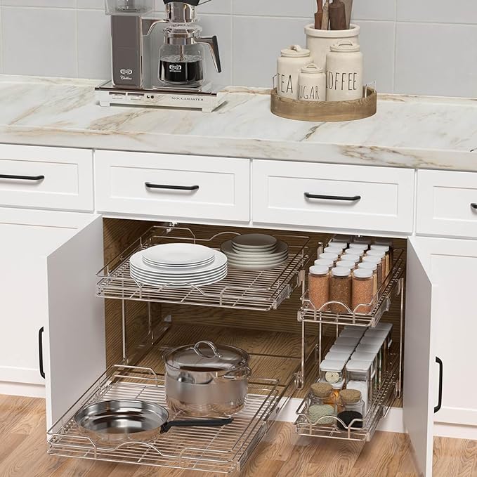 OCG 2 Tier Pull Out Cabinet Organizer (9.5" W x 21" D), Pull Out Drawers for Kitchen Cabinets, Pull Out Shelves for Base Cabinet Organization in Kitchen Bathroom Pantry, Chrome Finish