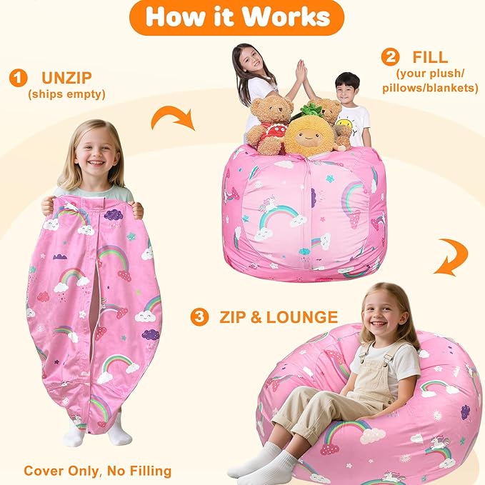 Lukeight Unicorns Stuffed Animals Storage Bean Bag Chair Cover Only (Ships Empty, No Filling) - Velvet YKK Zipper Beanbag Cover for Kids Big kids, Washable Plush Toy Organizer, X-Large 30" D x 18" H
