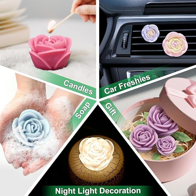 4PCS Rose & Leaf Candle Molds, 3D Flower Silicone Molds for Candles Epoxy Resin Casting Wax Soap Clay Plaster Home Decoration Handmade Gift