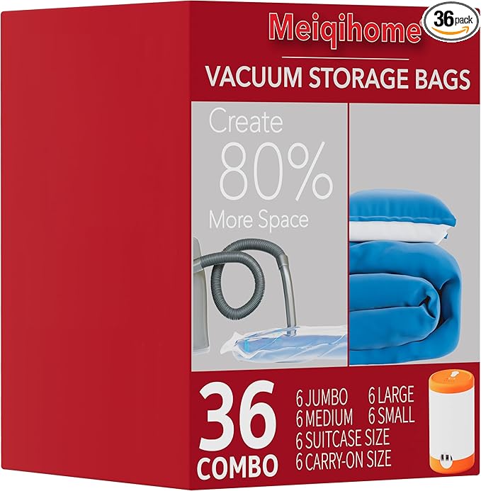 36 Pack Vacuum seal bags for clothing With Coldless Pump,Vacuum Storage Bags, Space Saver Sealer Bags, Pillows, Comforters, Blankets, Bedding,Travel,