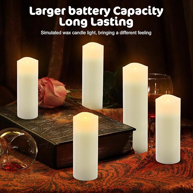 ALED LIGHT Real Wax Rechargeable Candles Flickering Realistic,Warm White Flameless Candles Rechargeable with Remote for Home Decor Idea Gift，Pack 5(D 2.2”X H 5”5.5”6”7”8”)