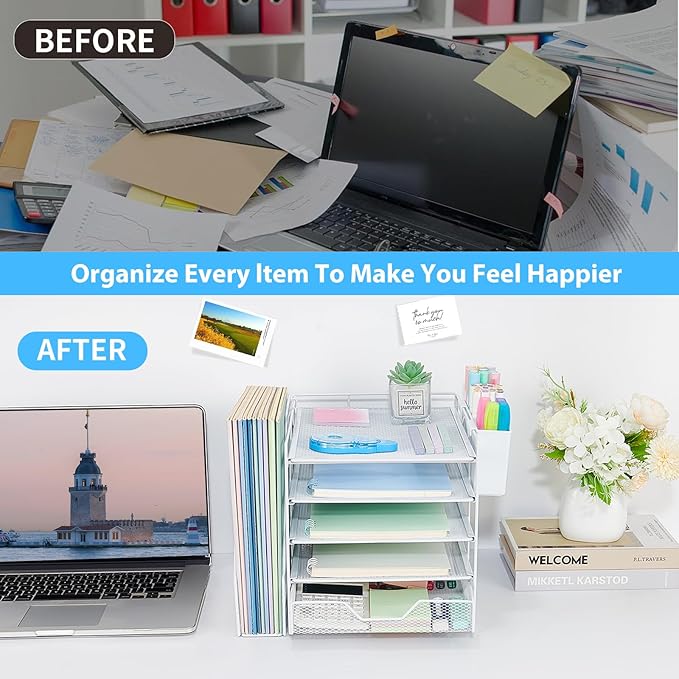 Desk Organizer, 5-Tier Paper Letter Tray Organizer with File Holder, Drawer and Pen Holder, Desktop Organizer for Office Supplies, White