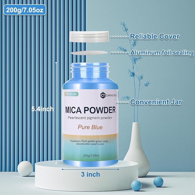 Mica Powder,200g/7.14oz Large Jar,Pure Blue Mica Powder Pigment for Epoxy Resin，Lip Gloss，Paint，Dye，Soap Making，Nail Polish,Candle Making,Bath Bombs