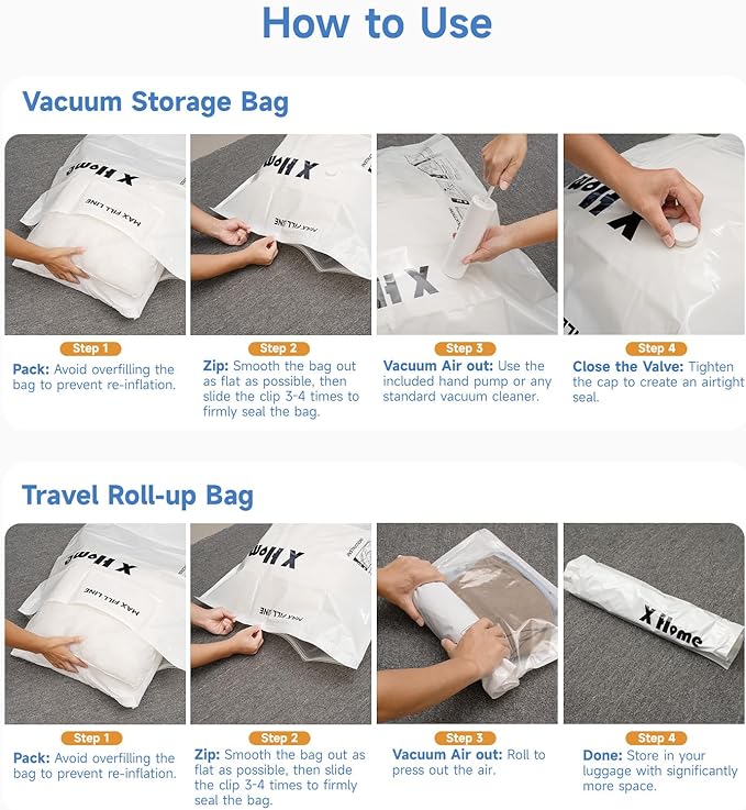 24 Pack Vacuum Storage Bags, Space Saver Vacuum Seal Bags for Clothing, Bedding, Blankets, Comforters,Travel Luggage, Vacuum Compression Bags with Hand Pump (8 Jumbo+4L+4M+4S+4 Roll-up Bags)
