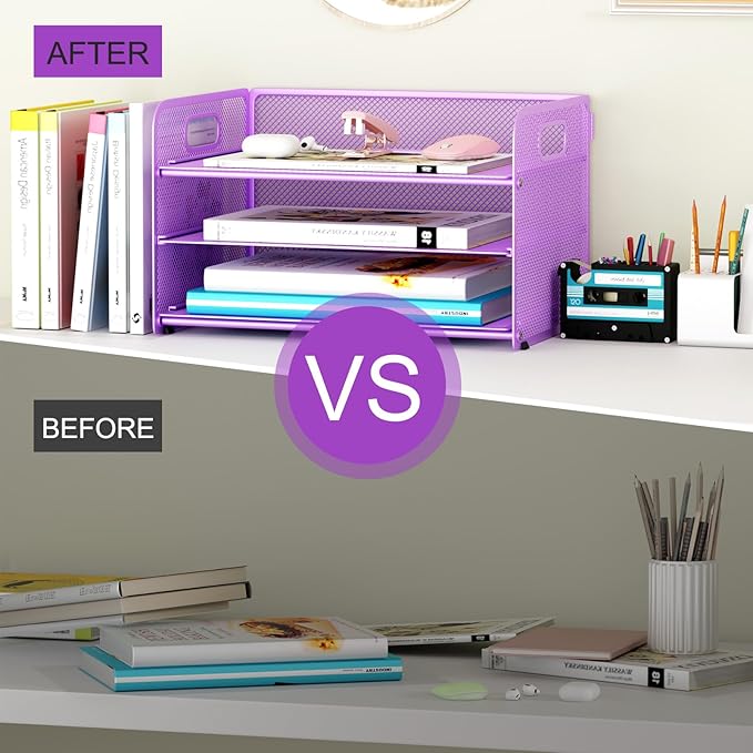 3 Tier Paper Letter Tray Organizer for Desk, Mesh File Folder Document Organizer with Handle for Home Office Supplies Desktop Accessories, Purple