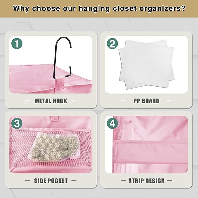 3-Shelf Hanging Closet Organizer and Storage, Foldable Hanging Closet Shelves Front Lip Design Washable Hanging Storage, Pink