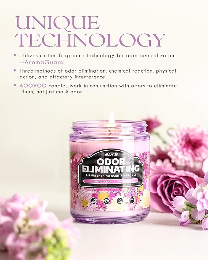 AOOVOO Dreamy Garden Odor Eliminating Highly Fragranced Candle - Eliminates 95% of Pet, Smoke, Food, and Other Smells Quickly, Non Toxic Air Freshing Soy Candle, 9 oz Up to 50 Hours Burn time