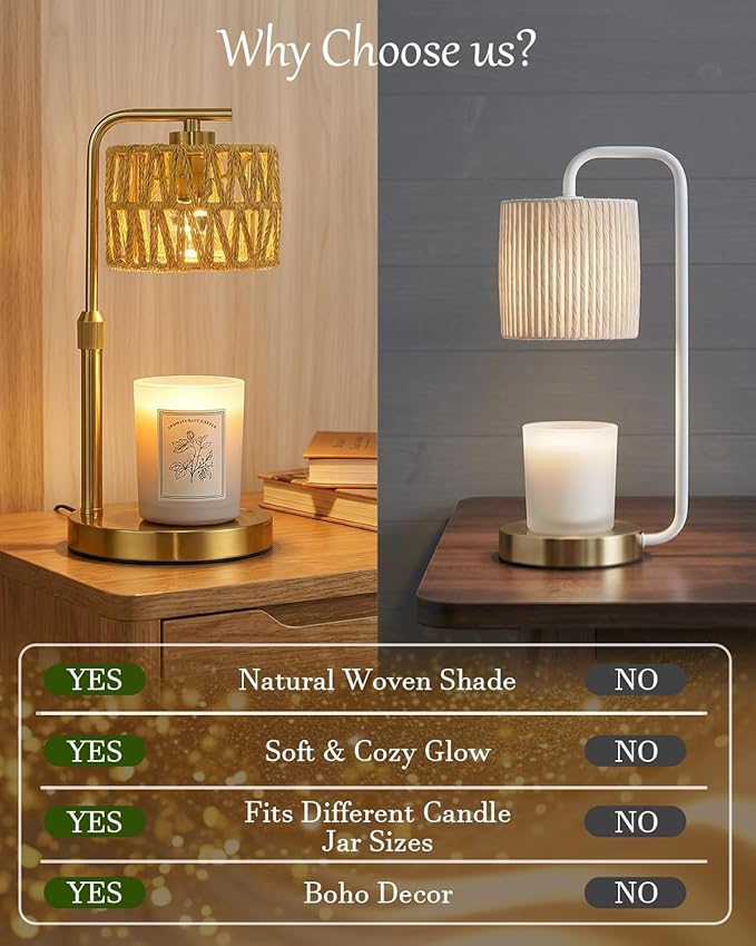 Candle Warmer Lamp with Timer, Dimmable Candle Warmer for Jar Candles, Height Adjustable Candle Lamp Warmer, Boho Rattan Lampshade and 2 Bulbs, Gift for Home Room Decor, Gifts for Women Mom (Gold)