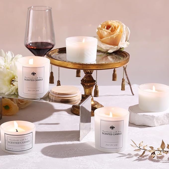 sunnyfuture 16 Pack Matte White Candle Jars, 8pcs 7oz + 8pcs 4oz Candle Jars for Making Candles with Wooden Lids and Labels for DIY, Gifts, Home