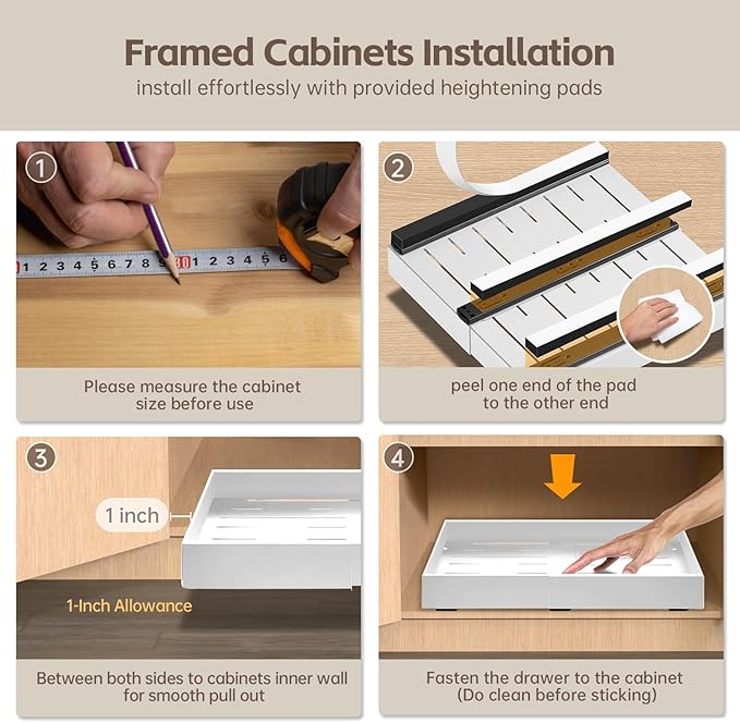 2Pack Expandable Pull Out Cabinet Organizer 21" Deep - Sliding Drawer Organizer Roll Out Shelves Adhesive - Adjustable Width 15.2"-26.2" W (White)