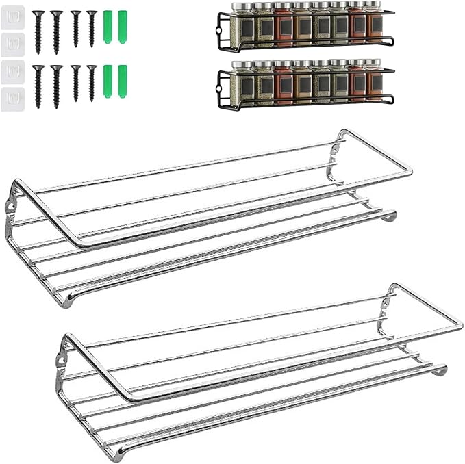 Carbon Steel Wall-Mounted Kitchen Spice Rack,Wall-Mounted Spice Rack Heavy-Duty Space-Saving Organizer with Adhesive or Screw Mountable, for Cabinet Doors, Pantry Walls (2Pcs Silver)