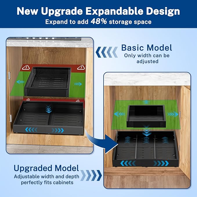 Pull Out Cabinet Organizer Expandable (12.4"-20.08")W & (16.26"-22.44")D, Insputer No Drill Slide Out Drawers with 3 Slide Rail, 2Pcs Magnetic Panel, Adhesive Roll Out Shelf for Kitchen, Pantry Black