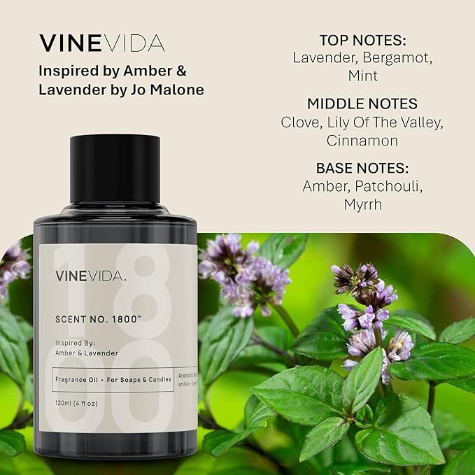 VINEVIDA [120mL] Amber & Lavender Fragrance Oil for Candle Making - Natural Candle Oil Scents - Soap Making Essential Oil - Made in USA