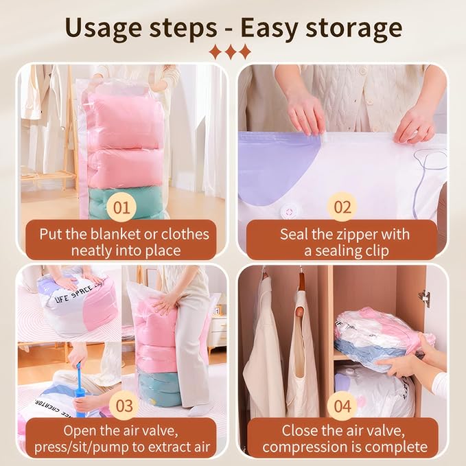 4 Pack Vacuum Storage Bags, Space Saver Bag Vacuum Seal Bags for Clothing Travel Moving Blankets Pillows Storage and Organization, Hand Pump Included (100 X 80 cm)