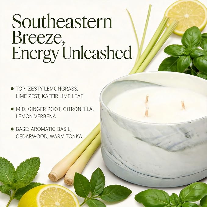 Thai Lemongrass Scented Candle, 14.8 oz 3-Wick Natural Soy Wax in Ceramic Jar, Up to 60 Hours Aromatherapy Candle for Home, Clean Burn, Non Toxic, Long-Lasting Candles Gifts for Women & Men