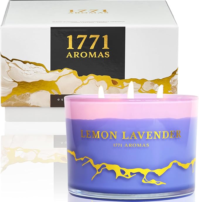 Lemon Lavender Scented Candles - 100% Natural Soy Wax - Large 3 Wick Jar Candle - Up to 50 Hours Burning Time - Candles for Home - Gift-Ready Candle for Men & Women - Aromatherapy