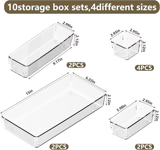 Clear Plastic Drawer Organizer Set with 15 Inch Extra Long Bins, 4 Sizes Large Acrylic Organizers for Kitchen Utensils, Bathroom Trays and Makeup Storage