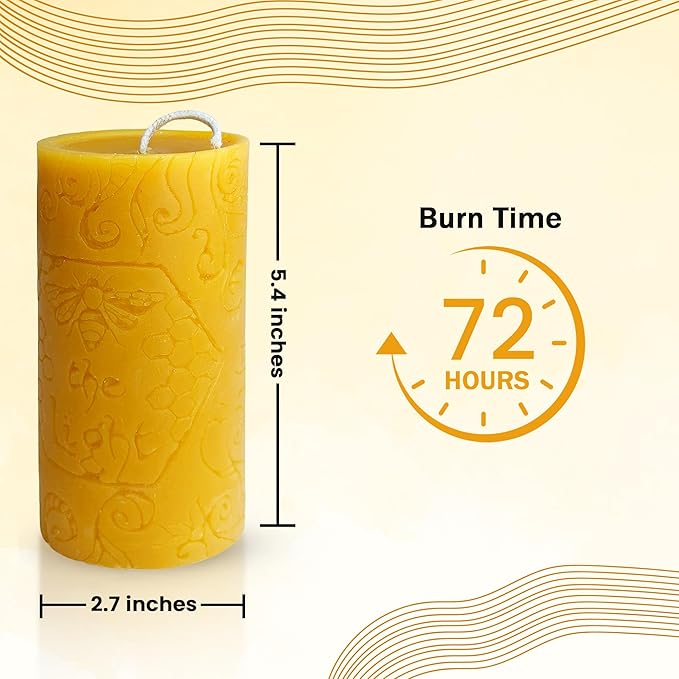 BeeTheLight Beeswax Pillar Candle - 100% Pure Bees Wax - Choose Your Size and Color - Up to 72 Hour Burn Time - Approx. 2x3, 3x4, 3x6 - Unscented - Natural Light Honey Scent (Natural Yellow, Large)