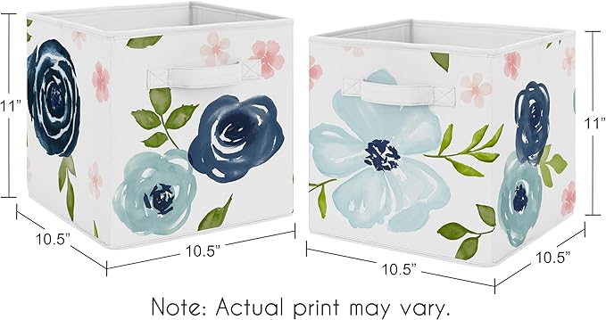 Sweet Jojo Designs Navy Blue and Pink Watercolor Floral Foldable Fabric Storage Cube Bins Boxes Organizer Toys Kids Baby Childrens - Set of 2 - Blush, Green and White Shabby Chic Rose Flower