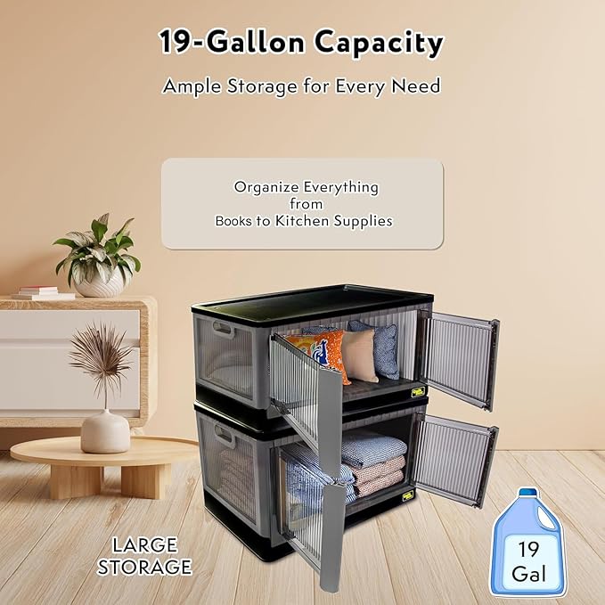 FELICON 19 Gallon 1 Pack Stackable Storage Bins with Lids,Doors,Wheels,Collapsible Organizer Foldable Container,Wardrobe Closet for Bedroom Living Room Neat,Dorm,Organized Homes(Black)