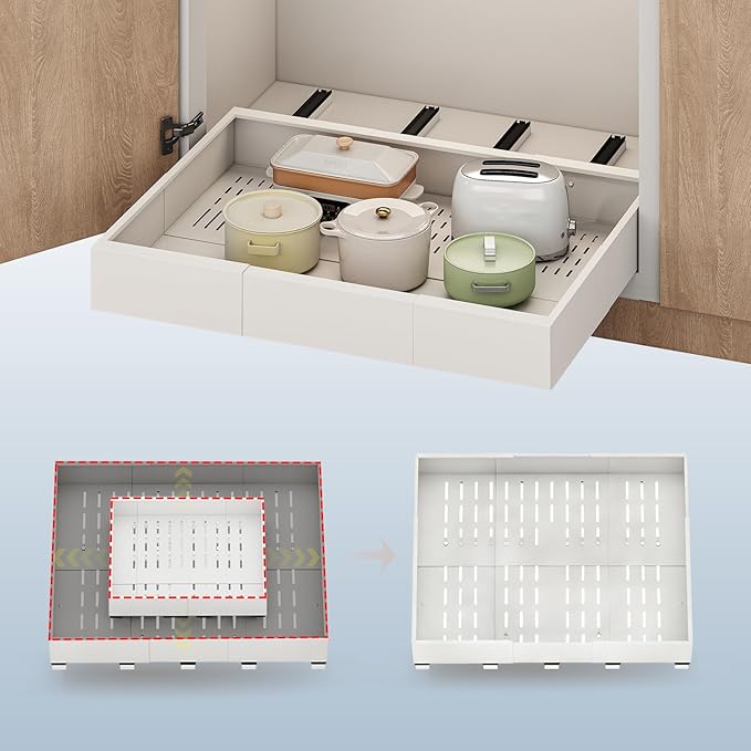 Pull out Cabinet Organizer,Expandable Width(23"-31"),Depth(17"-24") with 5 Rails,Roll out Drawers,No Drill Adjustable Slide out Shelves for Kitchen,Pantry,for Both Lip and Lip-Free Cabinets,White(1PC)