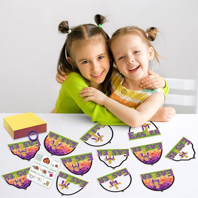 Qyeahkj 36 Set Religious Easter Cross Suncatchers Crafts for Kids DIY Christian Resurrection Window Tissue Paper Craft Kit Hanging Decor for Sunday School Activity Art Project Birthday Party Favor