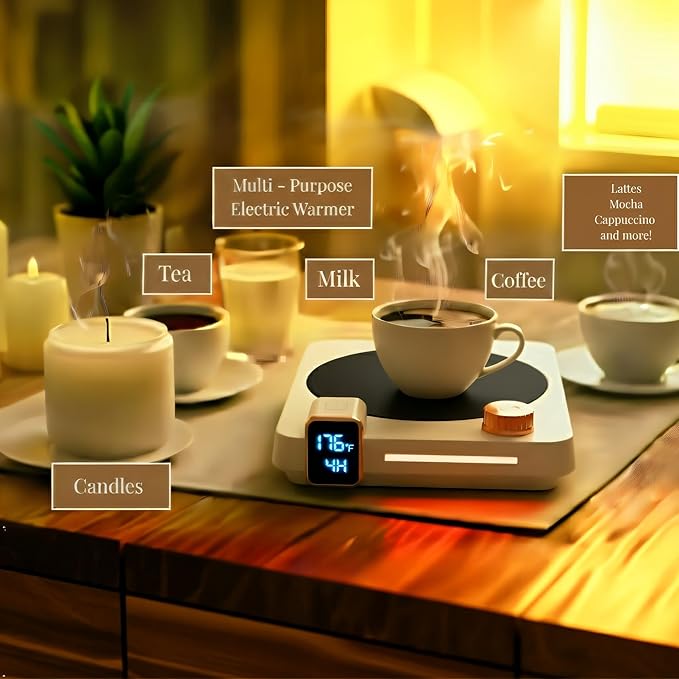 Coffee Mug Warmer for Desk, 40W Electric Cup Warmer with Digital Display, 9 Temp Settings, 1–12H Timer & Auto On/Off, LED Display Candle & Beverage Warmer Plate.