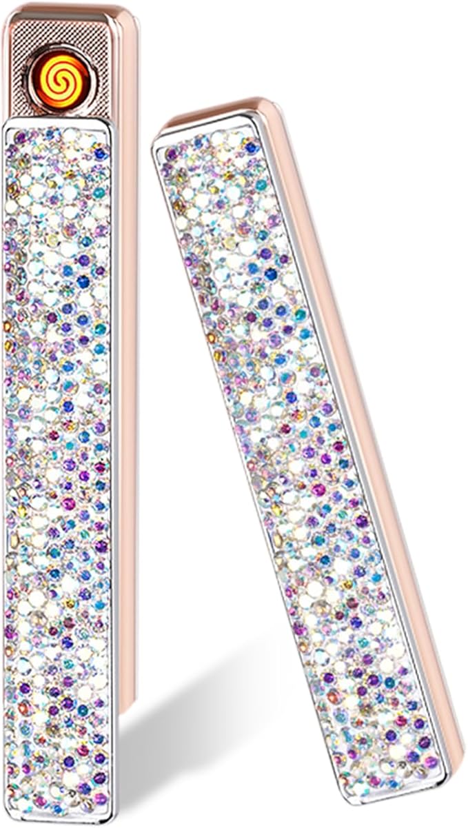 Electric Lighter, Luxury Bling Rhinestone Type-C Rechargeable Lighters with Pull-Out Ignition, Windproof Flameless Thickened Tungsten Ignition Electronic Lighter for Girls, Women Gifts-Silver
