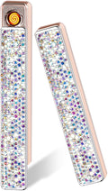 Electric Lighter, Luxury Bling Rhinestone Type-C Rechargeable Lighters with Pull-Out Ignition, Windproof Flameless Thickened Tungsten Ignition Electronic Lighter for Girls, Women Gifts-Silver