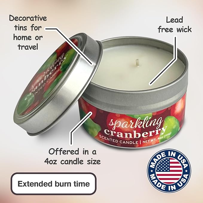 Greenwich Bay Hand-Poured Scented Candle in Decorative Tin – 4 oz/114 g Travel Candle with Lead-Free Wick, Vegetable Wax, Aromatherapy Gift, Single Wick – Made in USA (Sparkling Cranberry)