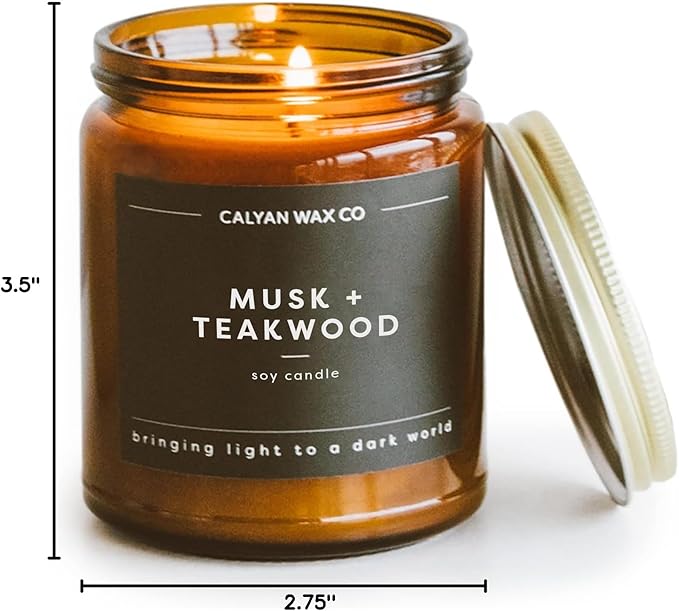 Calyan Wax Co. Musk & Teakwood Scented Candle - 57 Hour Burn - Luxury Non Toxic Soy Wax Candles - Long Lasting Amber Glass Jar Candle for Home - 7.2oz