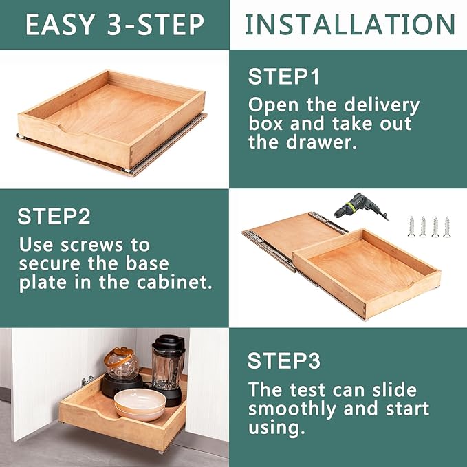 Pull Out Drawers for Kitchen Cabinets, Fully Assembled Wood Cabinet Pull Out Drawer, Pull Out Cabinet Organizer, Fast and Easy DIY Installation, 23”W x 21”D