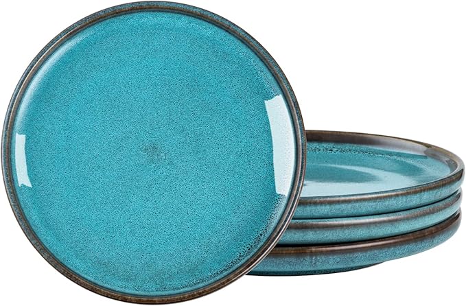 Henten Home Ceramic Dessert Plates, 8 Inch Porcelain Salad Plates Set of 4, Round Snack Plates for Kitchen, Cake Serving Stoneware Dishes, Reactive Glaze, Scratch Resistant (Aqua)