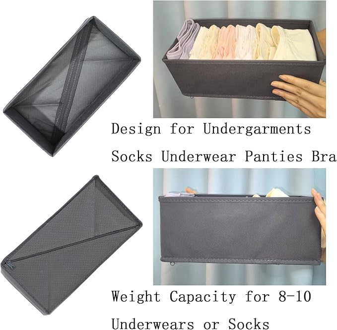Sock Drawer Organizer 9 Pack - Collapsible Fabric Storage Bins for Underwear Divider, Small Closet Organizers with 9 Compartments, Gray