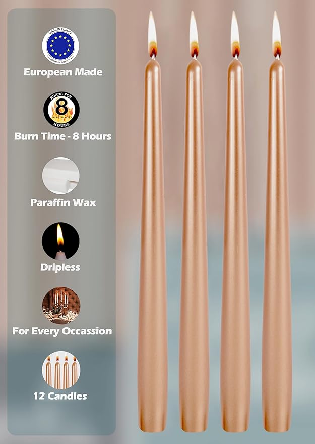 Hyoola 12 Pack Tall Metallic Taper Candles - 10 Inch Copper Metallic, Dripless, Unscented Dinner Candle - Paraffin Wax with Cotton Wicks