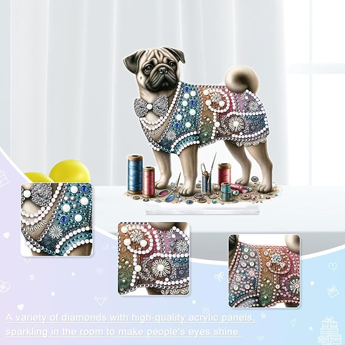 antor Diamond Painting Desktop Ornament Kit, Pug Dog DIY Acrylic Diamond Art Tabletop Decoration, Special Shape Crystal Diamond Painting Figurine Ornaments Kit for Adult Beginner
