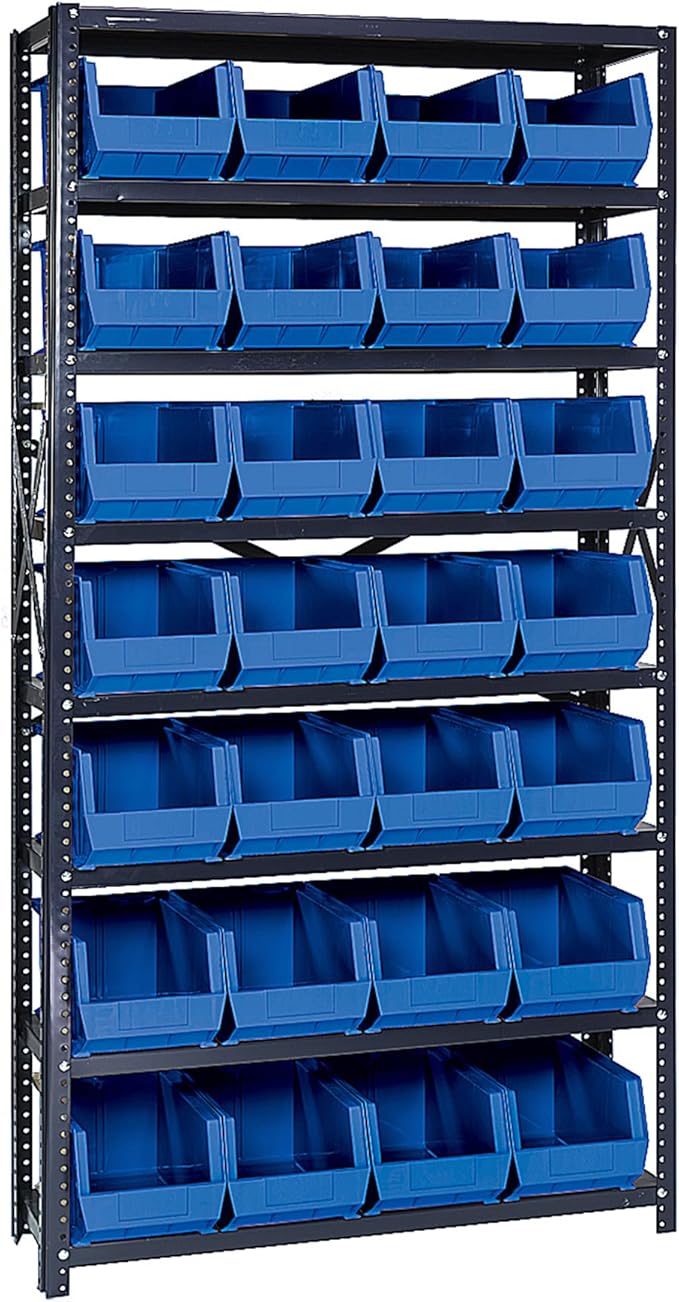 Quantum Storage Systems QSBU-240BL Giant Open Hopper Steel Shelving System, 12" D x 36" W x 75" H, with 8 Shelves and 28 QU240 Bins, Blue