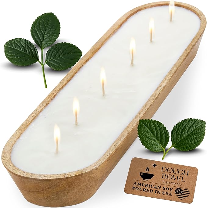 Dough Bowl Candle Co. Sandalwood Soy Candle - 6 Wick Rustic Farmhouse Decor Odor Eliminator in Wooden Bowls, 32 Ounce Wooden Dough Bowl Candle, All-Natural Gifts for Women and Men, Coffee Table Decor