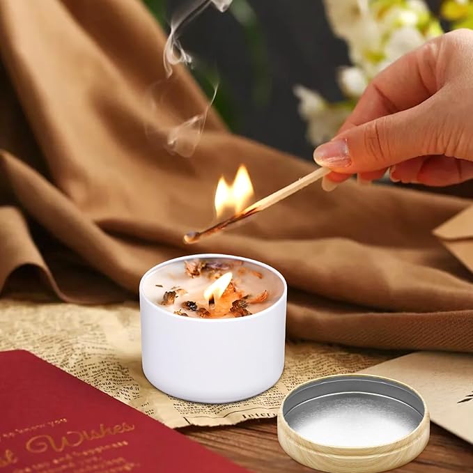 12-Pack Candle Jars, 8oz Candle Tins with Metal Wood-Grain Printing Lids, Empty Metal Candle Jars for Making Candles Bulk Candle Containers -White