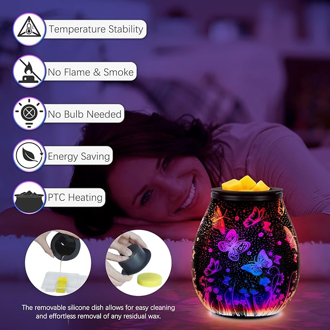 EQUSUPRO Wax Melt Warmer Wax Melter Wax Burner for Scented Wax Melts Electric Fragrance Warmer for Wax Cubes & Tarts, Vivid 3D Design 7 Colors LED Light Gift & Decor for Home Office (3D Butterfly)