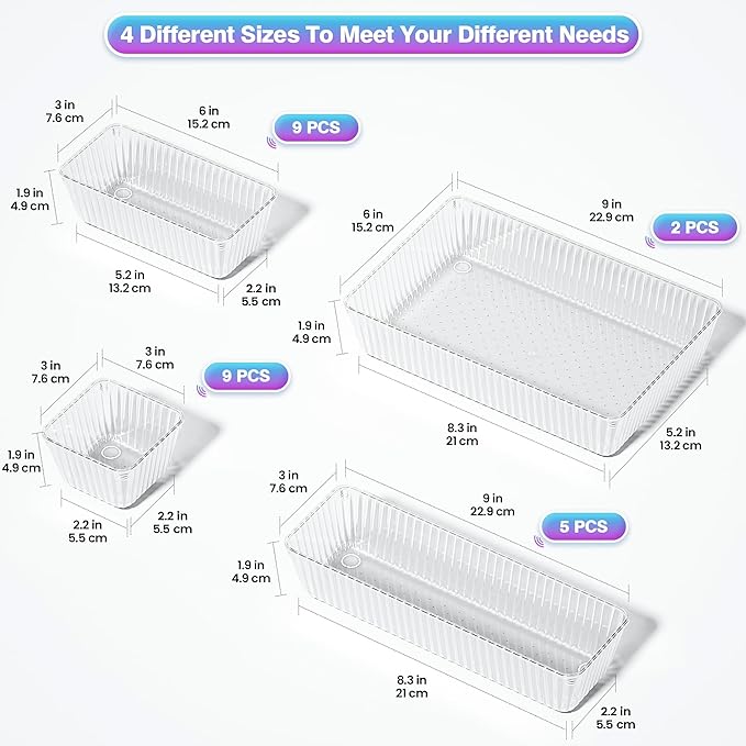 25 PCS Clear Plastic Drawer Organizer Set - 4 Sizes Makeup Organizer Desk Drawer Divider Bathroom Organizers and Storage Bins for Makeup, Jewelry, Gadgets, Office, Kitchen, Bedroom, Bathroom