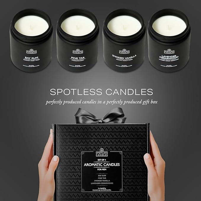 Scented Candles for Men - 200 Hours Burn Time in Gift Box & Protective Shipper - Men Candle Set x 4 - Cedarwood & Lavender/Bay Rum/Pine Tar/Smoke & Vanilla - Spotless Leopard